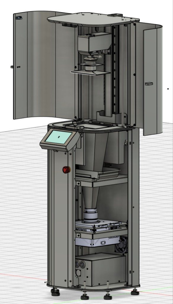 CAD rendering of a tall additive manufacturing machine with open doors, build plate, and operator screen.